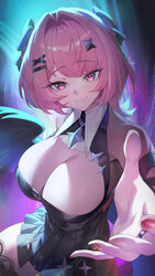 1girl black dress black shrug black wings breasts chest belt cleavage dress hair intakes highres large breasts looking …