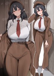 1girl 258n alternate breast size (larger) black hair breasts brown hat brown jacket brown pants brown shoes closed mout…