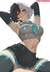 1girl absurdres aqua eyes armpits artist name black hair black skirt black sleeves black thighhighs blue necktie blue t…