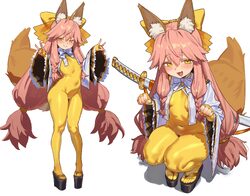 1girl absurdres animal ears blush bodysuit bow breasts covered navel double fox shadow puppet ebora fate/samurai remnan…