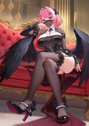1girl absurdres black dress black shoes black shrug black thighhighs black wings breasts cleavage commentary crossed le…