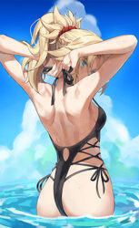 1girl ass backboob bikini black one-piece swimsuit blonde hair blue sky braid breasts cloud cloudy sky commentary engli…