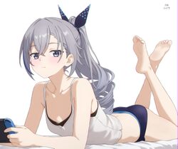 1girl alternate costume artist name barefoot bilingual commentary blue panties breasts camisole chromatic aberration co…