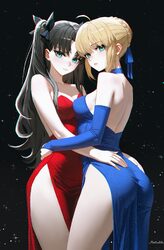 2girls absurdres aqua eyes artoria pendragon (fate) bare arms bare back bare shoulders black hair black ribbon blonde h…