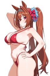 1girl absurdres alternate costume animal ears arm behind head arm up armpits artist name belly bikini breasts brown hai…