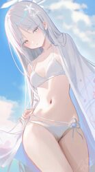 1girl absurdres bikini blue archive blue sky blush braid breasts chromatic aberration cloud cloudy sky colored eyelashe…
