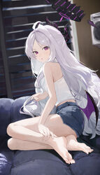1girl  o absurdres ahoge bare shoulders barefoot black halo black horns blue archive breasts chinese commentary comment…