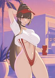 1girl arm behind head black choker blush breasts brown eyes brown hair can choker cover bikini girl (gta vi) (pose) cro…