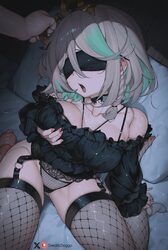 1boy 1girl ahoge alternate breast size (larger) bare shoulders black choker black panties blindfold blush braid breast …