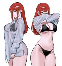 1girl alternate costume bikini black bikini breasts chainsaw man closed mouth collared shirt highres large breasts long…