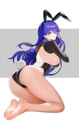 1girl absurdres alternate costume animal ear hairband animal ears ass back barefoot black leotard black shrug breasts c…
