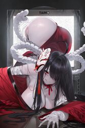 1girl absurdres ahoge ass azur lane bandaged arm bandages bare shoulders black hair blush breasts character name cleava…