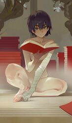 1girl absurdres arm up bakemonogatari bandaged arm bandaged leg bandages barefoot between legs blue hair book book stac…