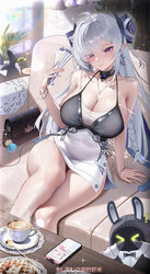 1girl absurdres bangboo (zenless zone zero) bare shoulders breasts cellphone chinese commentary cleavage closed mouth c…