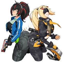 2girls ass ass press black hair black pants black shrug blonde hair blue jacket blush breasts camouflage camouflage jac…