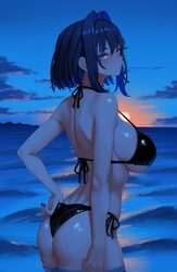 1girl ass beach bikini black bikini blue eyes blue hair breasts colored inner hair commentary curvy english commentary …