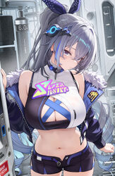 1girl alternate breast size (larger) aqua hair black jacket black shorts breasts catsmoon chinese commentary cleavage c…
