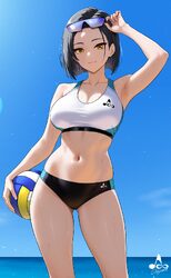 1girl arm up armpits ball bare arms bare shoulders black hair breasts closed mouth collarbone commentary request day ey…