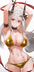 1girl absurdres alternate costume arknights armpits arms up bikini black choker black horns blush breasts choker cleava…