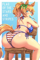 1girl american flag american flag bikini american flag print animal ears ass back bikini blue background blue bikini bl…