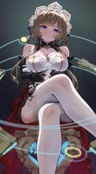 1girl bare shoulders black dress blue eyes breasts brown hair cleavage commentary request crossed arms crossed legs det…
