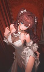 1girl absurdres ahoge bare shoulders blue eyes bow bracelet breasts brown hair closed mouth collarbone commentary detac…