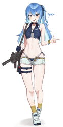 1girl absurdres bare shoulders black choker black panties blue eyes blue hair blue shirt blush breasts choker collared …