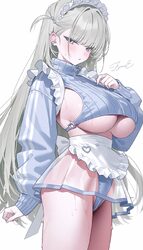 1girl apron blush breasts character request commentary request cowboy shot crop top crotch zipper ear piercing frills f…