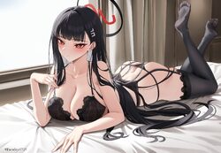1girl  / absurdres ankle artist name ass bed sheet black bra black garter belt black hair black panties black thighhigh…