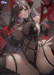 1girl  q absurdres azur lane black leotard blurry blurry background blurry foreground blush breasts commentary copyrigh…
