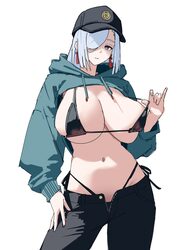 1girl alternate costume baseball cap bikini black bikini black hat black pants breasts contrapposto cowboy shot earring…