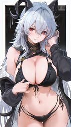 1girl alternate costume alternate hair length (longer) alternate hairstyle bare shoulders bikini black bikini black col…