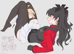 4girls ahoge artoria pendragon (fate) black hair black ribbon black shirt black thighhighs blonde hair blue eyes blue s…