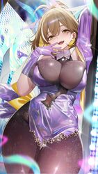 1girl  d anis (nikke) anis (star) (starlight) (nikke) arm up blush bodysuit breasts brown hair commentary cowboy shot d…