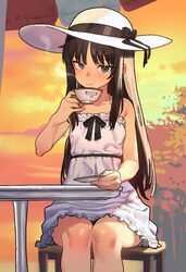 1girl absurdres bare shoulders black hair blue eyes blush breasts chair commission cup dress ebora hairband hat highres…