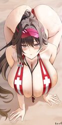 1girl all fours ass blush breasts brown eyes brown hair cleavage closed mouth ear piercing from above full cleavage god…
