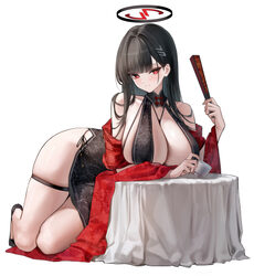 1girl absurdres alternate costume black dress black hair black panties blue archive blush breasts bright pupils cleavag…