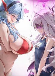 2girls absurdres ahoge ako (blue archive) bikini blue archive blue eyes blue hair breast envy breasts commentary reques…