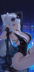 1girl absurdres adjusting hair antenna hair armpit crease armpits arms up black one-piece swimsuit black shawl blurry b…