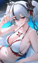 1girl alternate costume bare shoulders bikini black flower black streaks blake bloom (wuthering waves) blurry blurry ba…