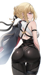 1girl absurdres ass black jacket black pants blonde hair breasts commentary evelyn chevalier from behind highres jacket…