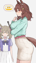 2girls animal ears aqua shirt belt blank eyes blush bow bowtie breasts brown eyes brown hair clipboard closed mouth com…