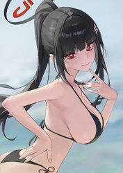 1girl absurdres alternate costume bikini black bikini black hair black halo blue archive breasts bright pupils commenta…