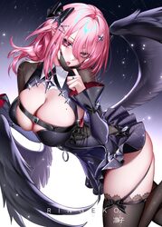1girl absurdres artist name black bow black dress black shrug black thighhighs black wings bow breasts cleavage comment…