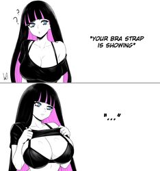 ... 1girl absurdres bikini black bikini black hair black shirt blue eyes blunt bangs bra strap breasts cleavage closed …