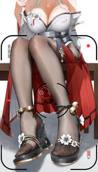 1girl ankle bell ankle strap anklet bench black pantyhose breasts cleavage commentary request feet flower foot focus fo…