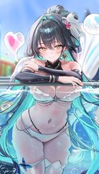 1girl aqua hair bare shoulders bikini bird black hair blance blue sky blush breasts bubble cleavage colored inner hair …