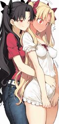 2girls absurdres alternate costume belt black hair blonde hair blush bow breasts commentary covered nipples denim dress…