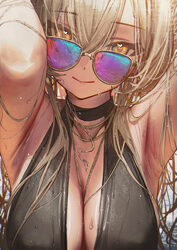 1girl armpits arms up betanonbeet black one-piece swimsuit blonde hair blue archive breasts casual one-piece swimsuit c…