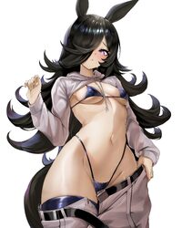 1girl absurdres alternate costume animal ears bikini black hair blue bikini blush breasts clothes pull commentary engli…